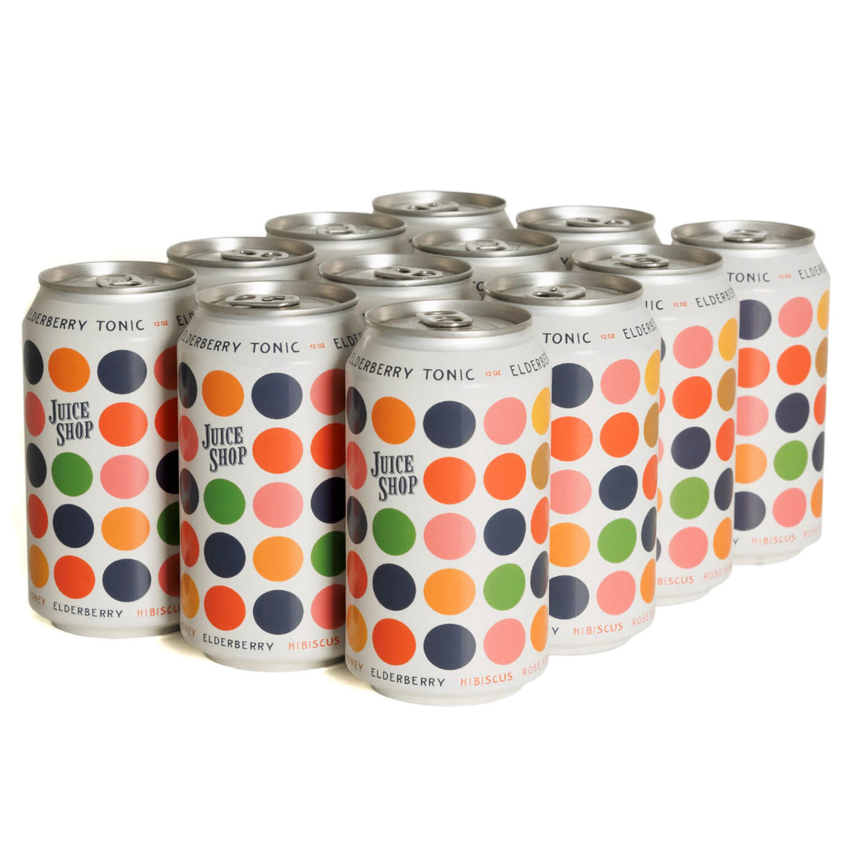 Juice Shop Elderberry Tonic cans with colorful polka-dot design, neatly arranged.