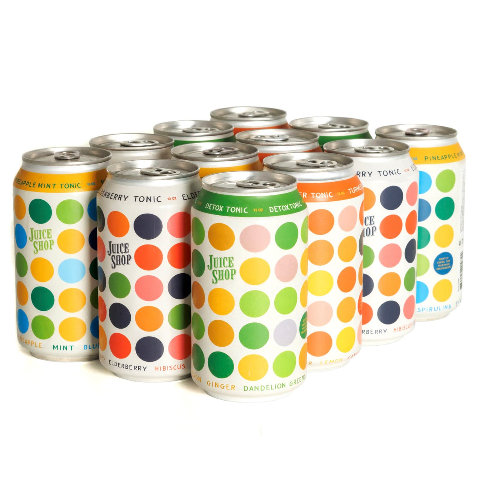 Juice Shop tonics in colorful polka-dot cans, arranged in rows.