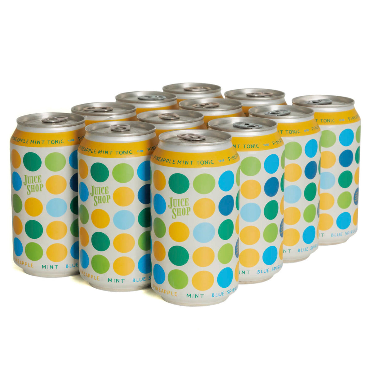 Juice Shop Pineapple Mint Tonic cans with blue, green, and yellow polka-dot design.