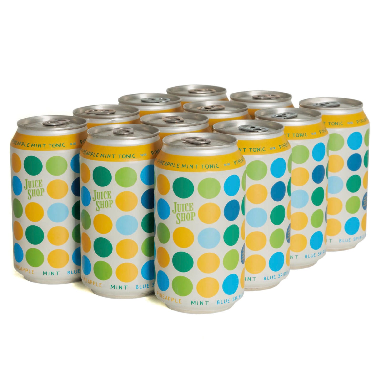 Juice Shop Pineapple Mint Tonic cans with blue, green, and yellow polka-dot design.