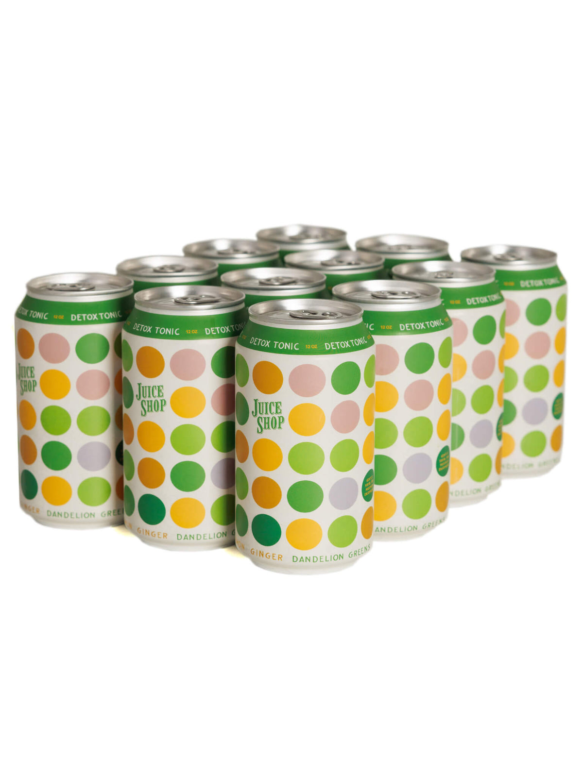 Juice Shop Detox Tonic cans with green, yellow, and pastel polka-dot design, arranged neatly.