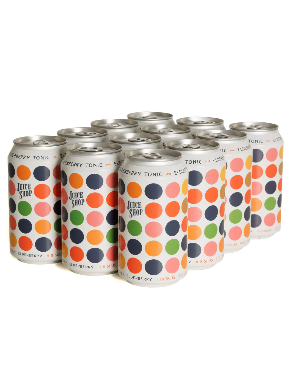 Juice Shop Elderberry Tonic cans featuring a colorful polka-dot design in various hues.