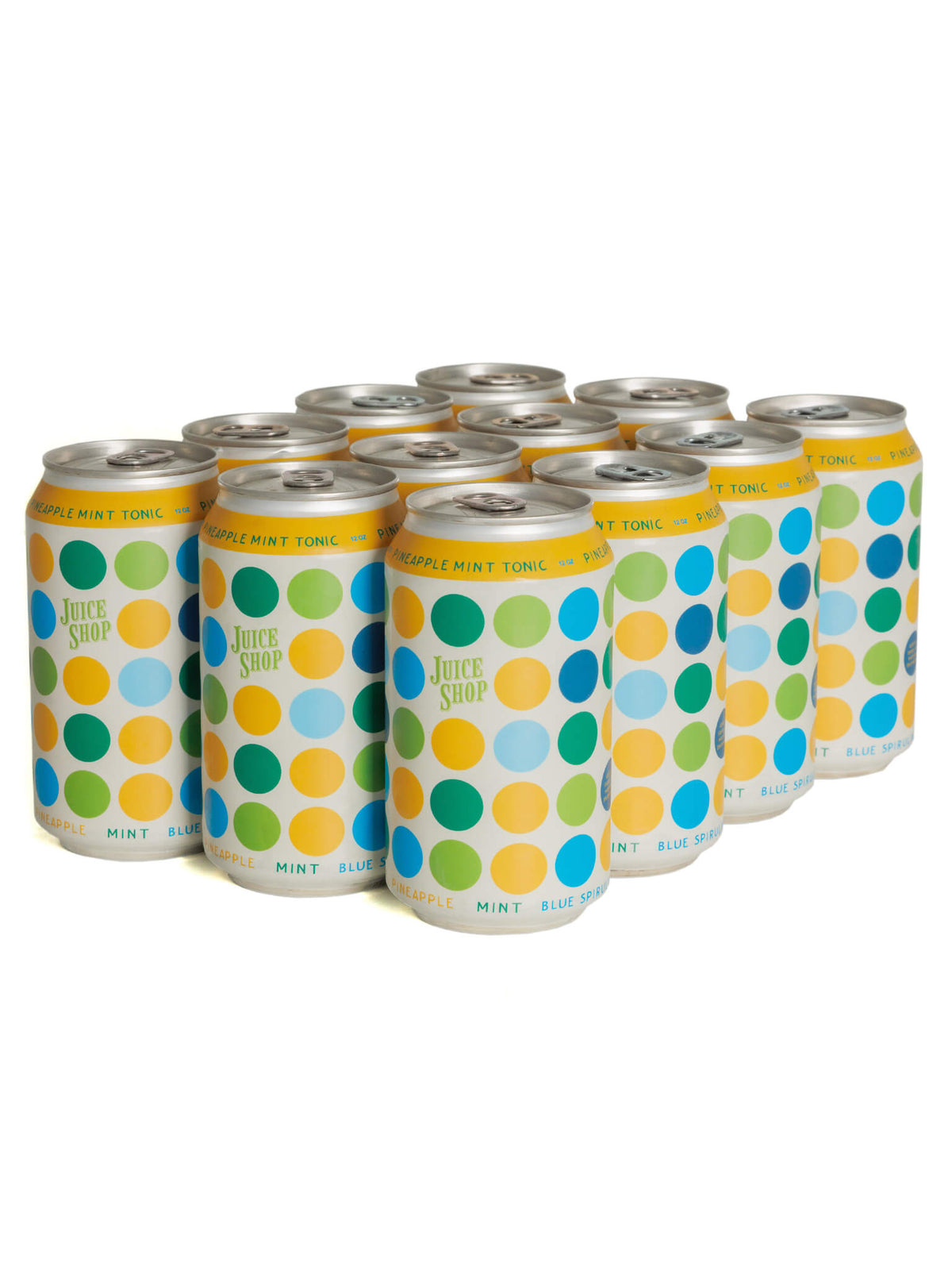 Juice Shop Pineapple Mint Tonic cans with colorful polka-dot design, neatly arranged.