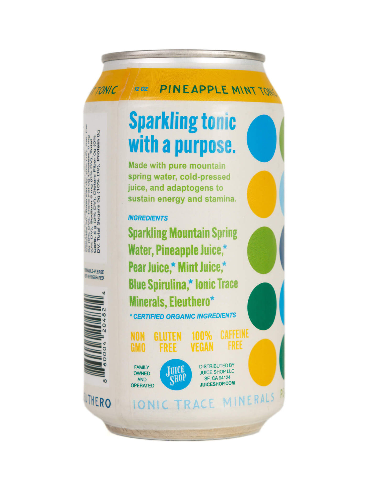 Back of Juice Shop Pineapple Mint Tonic can, displaying ingredients and benefits.