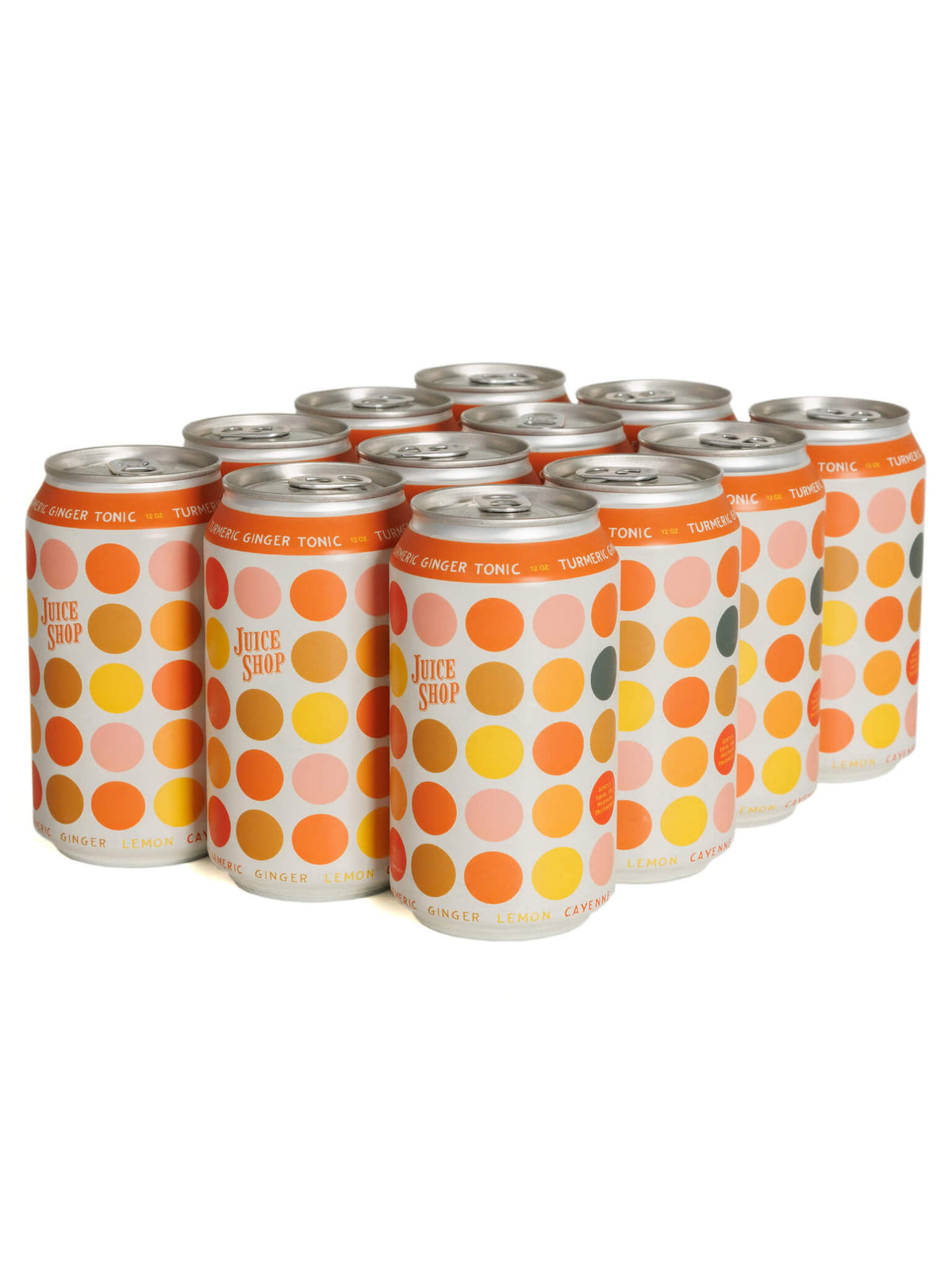 Juice Shop Turmeric Ginger Tonic cans with orange, yellow, and pink polka-dot design.