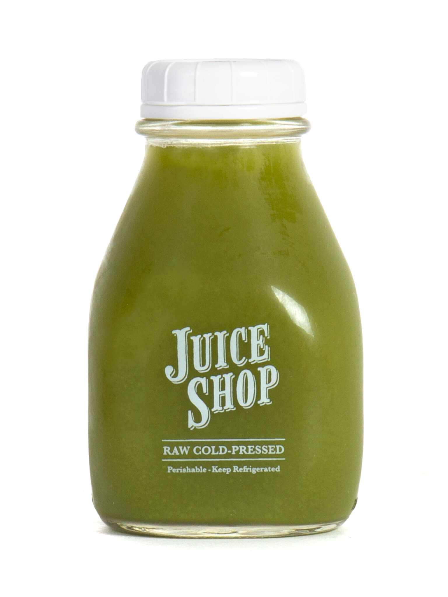 A bottle of Juice Shop’s raw cold-pressed green juice, sealed with a white cap. The transparent glass bottle reveals the vibrant green color of the juice, with the label emphasizing its freshness, raw ingredients, and need for refrigeration.