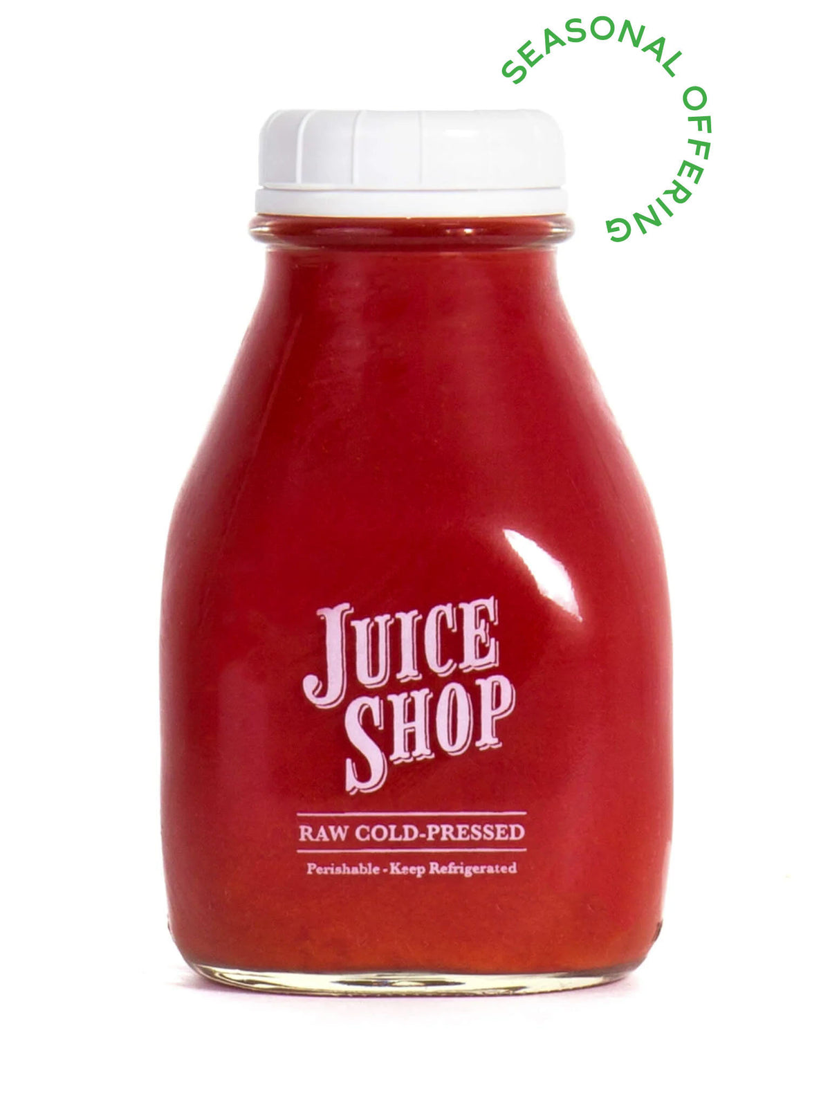 A bottle of Juice Shop’s raw cold-pressed red juice, sealed with a white cap. The deep red hue of the juice is visible through the transparent glass bottle. The label highlights its freshness and need for refrigeration, while a green circular text in the top right corner reads 'Seasonal Offering,' indicating a limited-time availability.