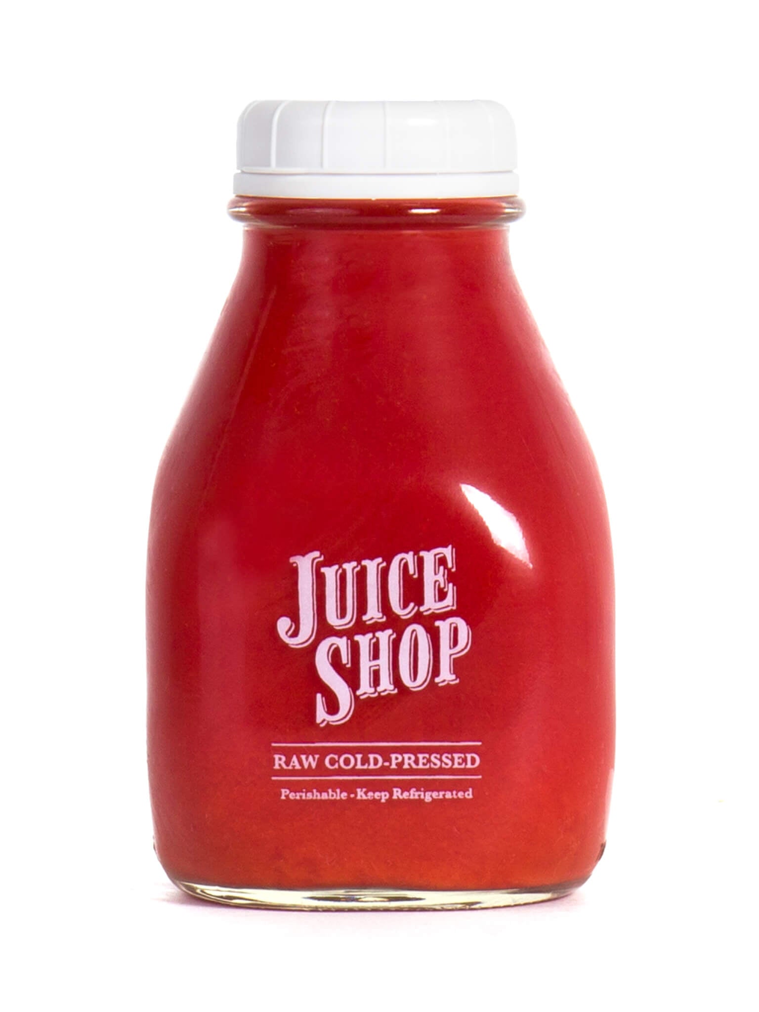 A bottle of Juice Shop’s raw cold-pressed red juice, sealed with a white cap. The vibrant red color of the juice is visible through the transparent glass bottle. The label highlights its raw, unpasteurized nature and the need for refrigeration to maintain freshness.