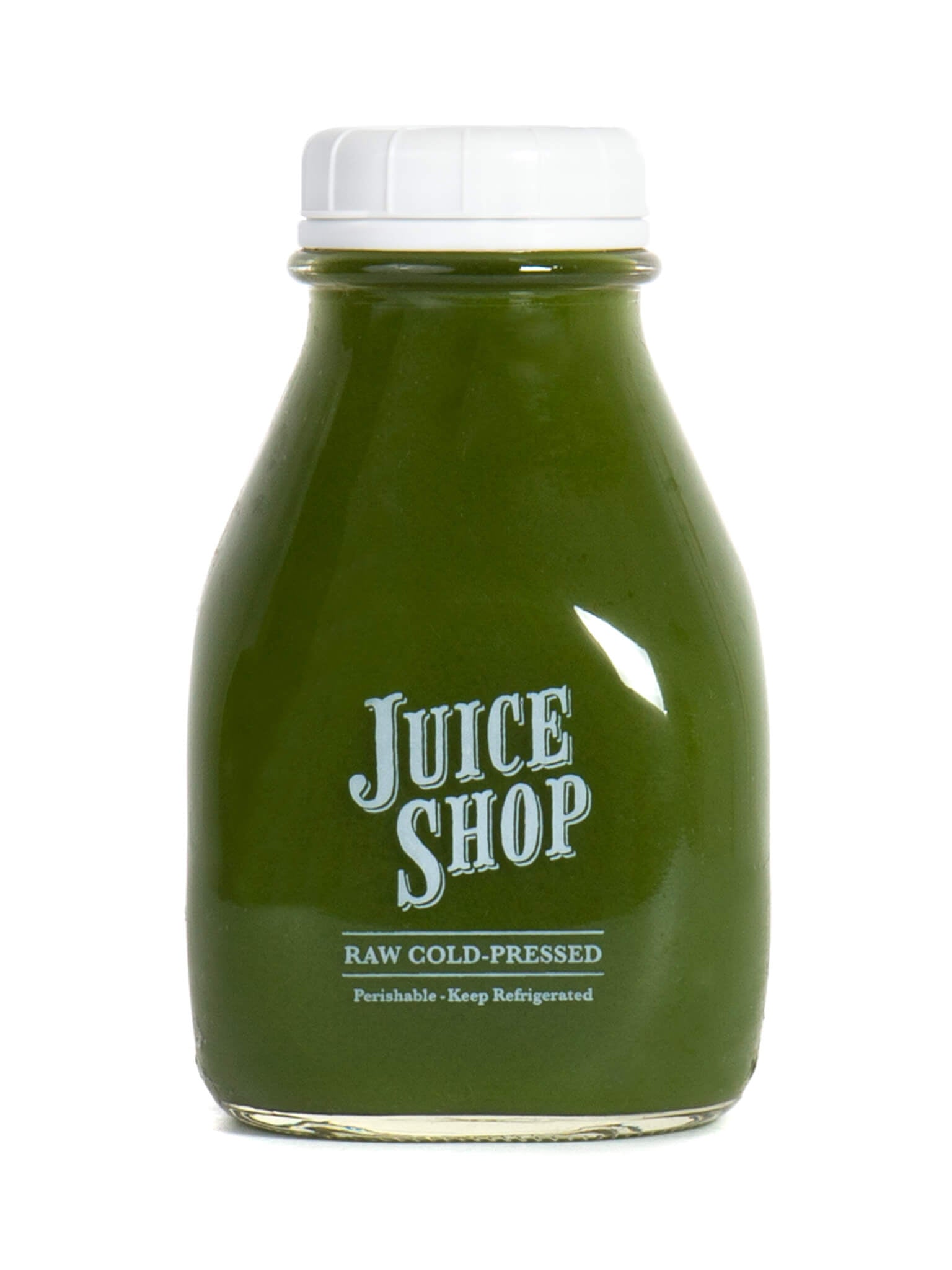 A bottle of Juice Shop’s raw cold-pressed dark green juice, sealed with a white cap. The rich green color is visible through the transparent glass bottle, emphasizing its nutrient-dense ingredients. The label highlights that the juice is raw, unpasteurized, and must be kept refrigerated for freshness.