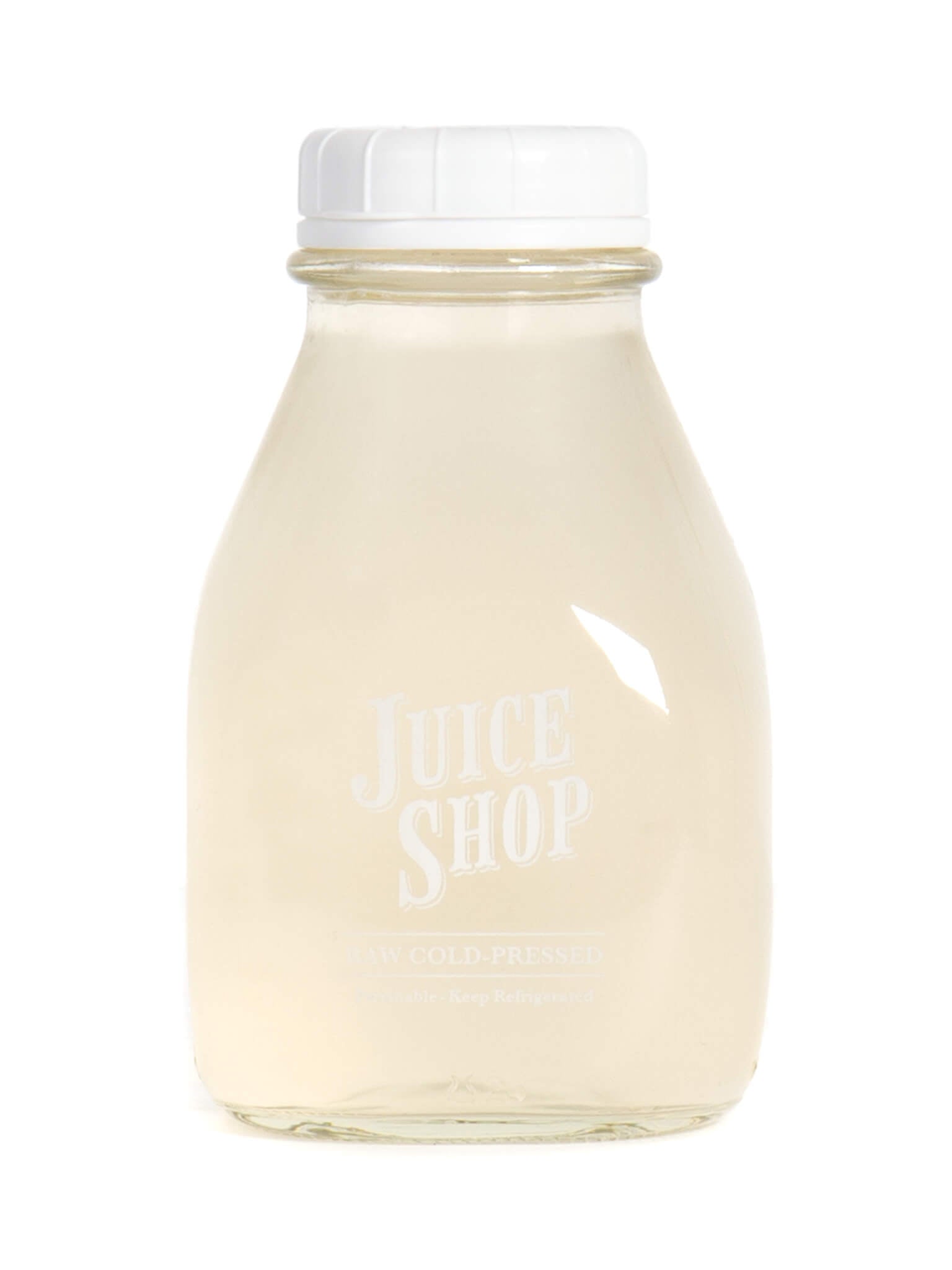A bottle of Juice Shop’s raw cold-pressed clear juice, sealed with a white cap