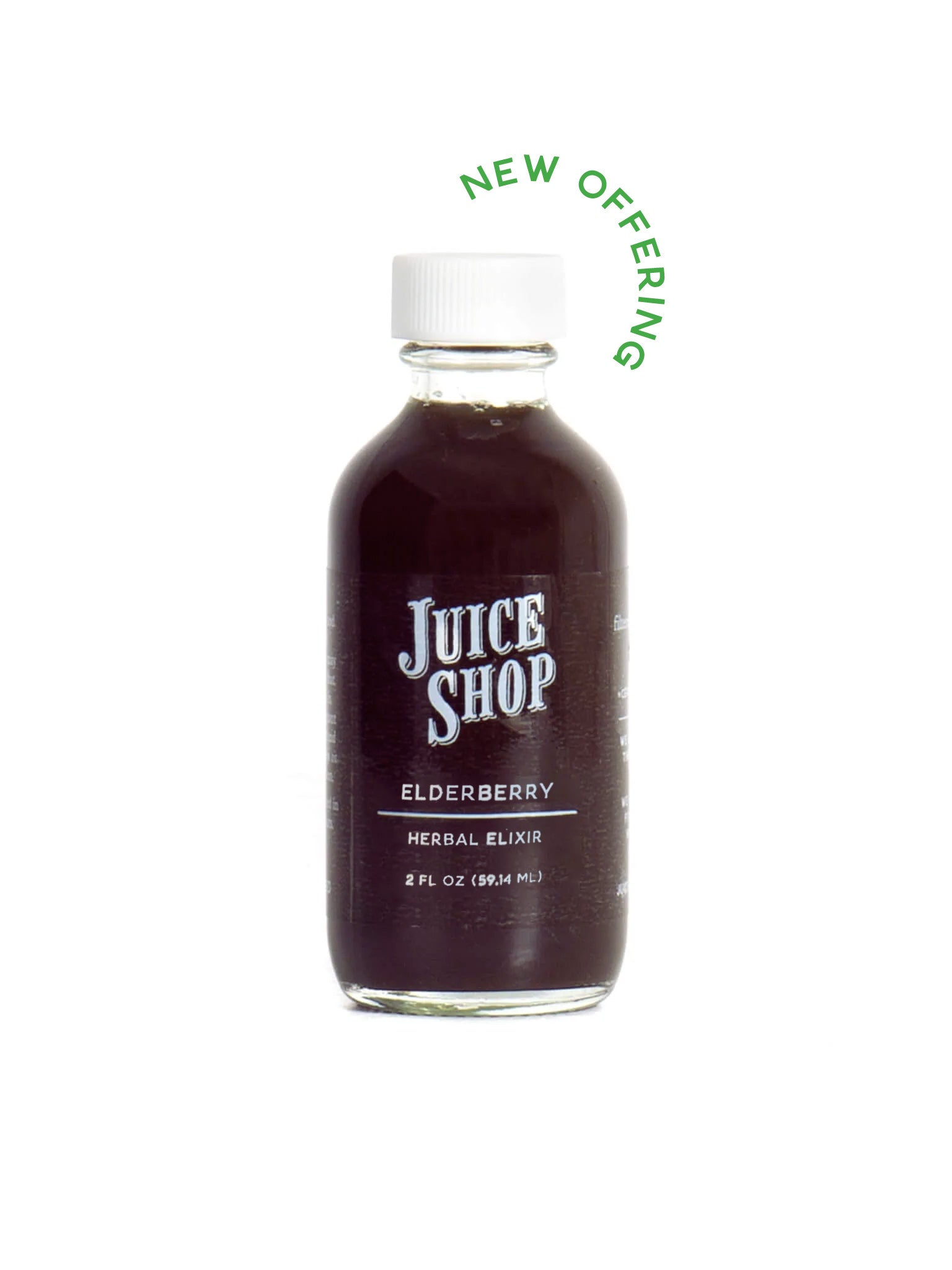 Juice Shop Elderberry Herbal Elixir bottle labeled "New Offering," 2 fl oz, dark purple liquid.