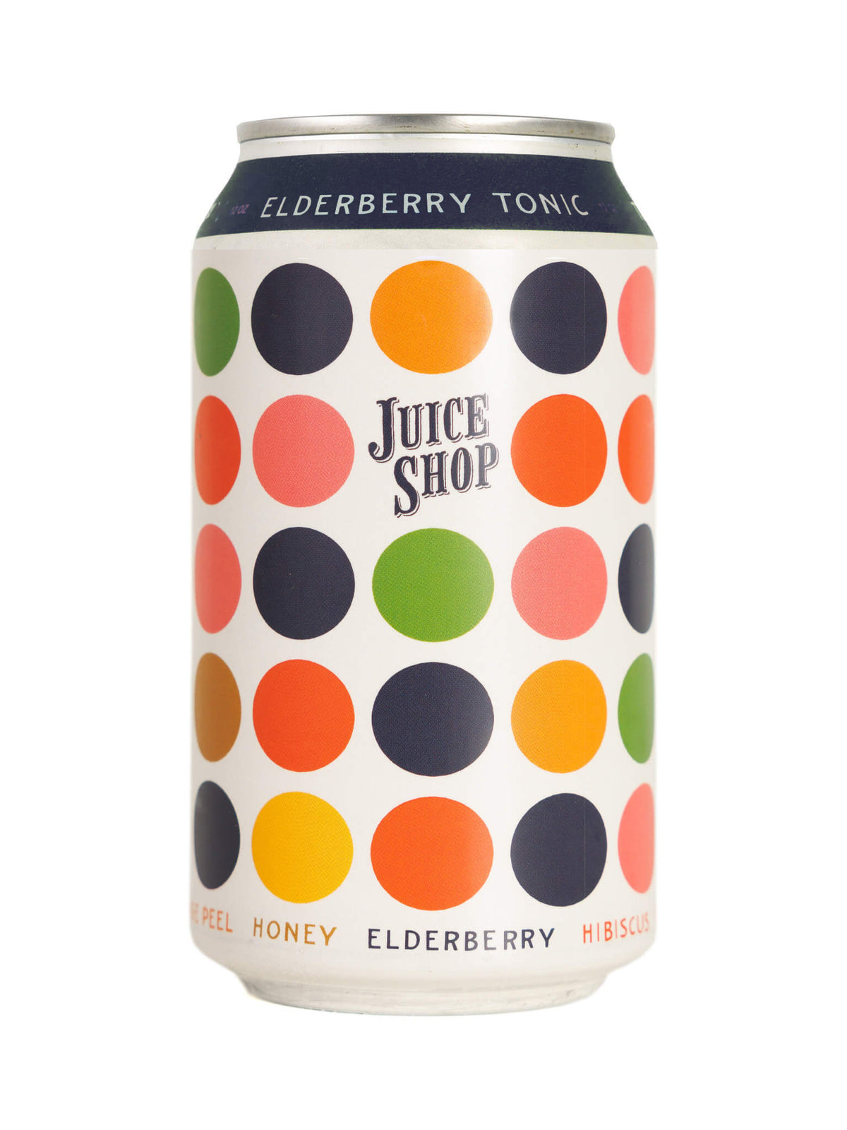 Juice Shop Elderberry Tonic can with a colorful polka-dot design and navy top.