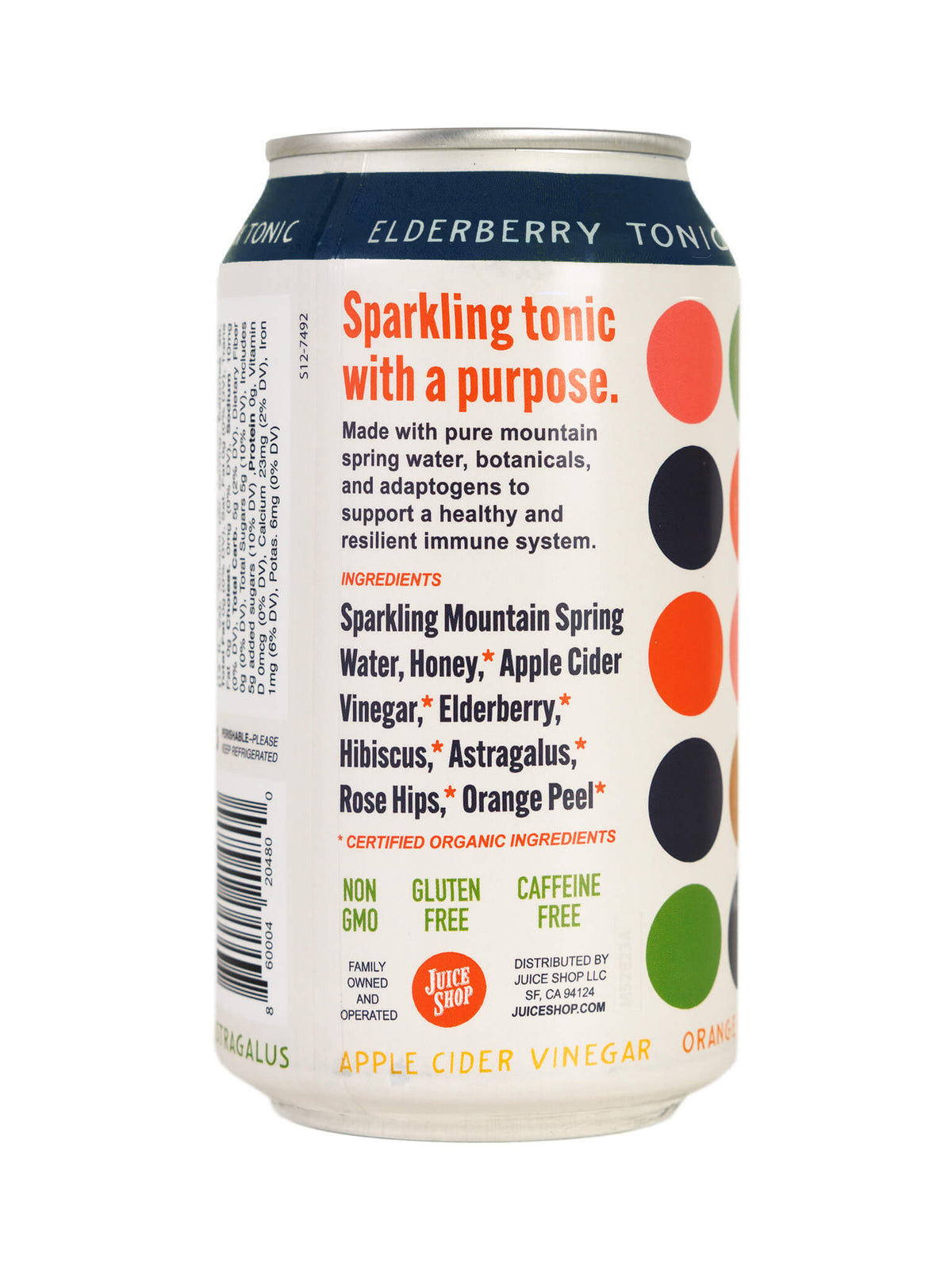 Juice Shop Elderberry Tonic can with ingredients and benefits listed on the back.