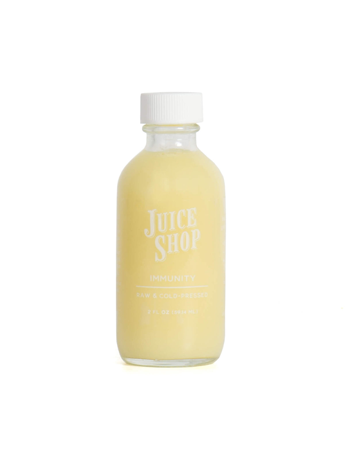 Juice Shop Immunity raw cold-pressed elixir in a 2 oz glass bottle with a white cap.
