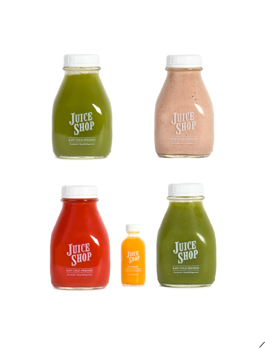 Five juice bottles in a grid feature an inviting selection: top left and bottom right have green juices for a cleanse, top right has pink smoothie, bottom left holds red juice, and center offers small orange delight. All labeled JuiceShopSF Plant Based til Dinner, highlighting their plant-based allure.