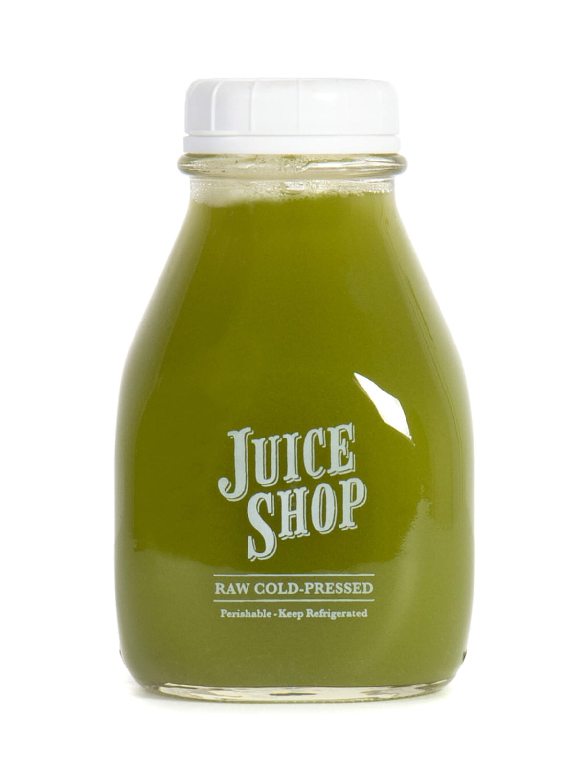 Juice Shop raw cold-pressed green juice in a glass bottle with a white cap. Rich green color, perishable, and must be kept refrigerated. Organic and fresh-pressed for maximum nutrition.