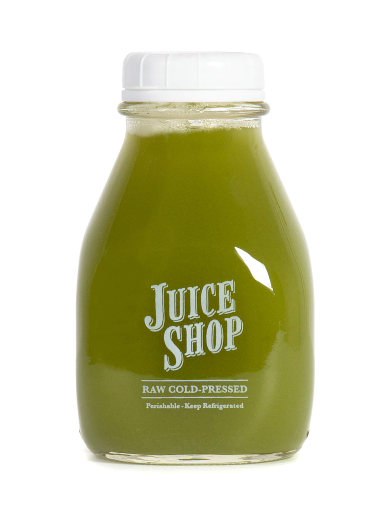 Juice Shop raw cold-pressed green juice in a glass bottle with a white cap. Rich green color, perishable, and must be kept refrigerated. Organic and fresh-pressed for maximum nutrition.