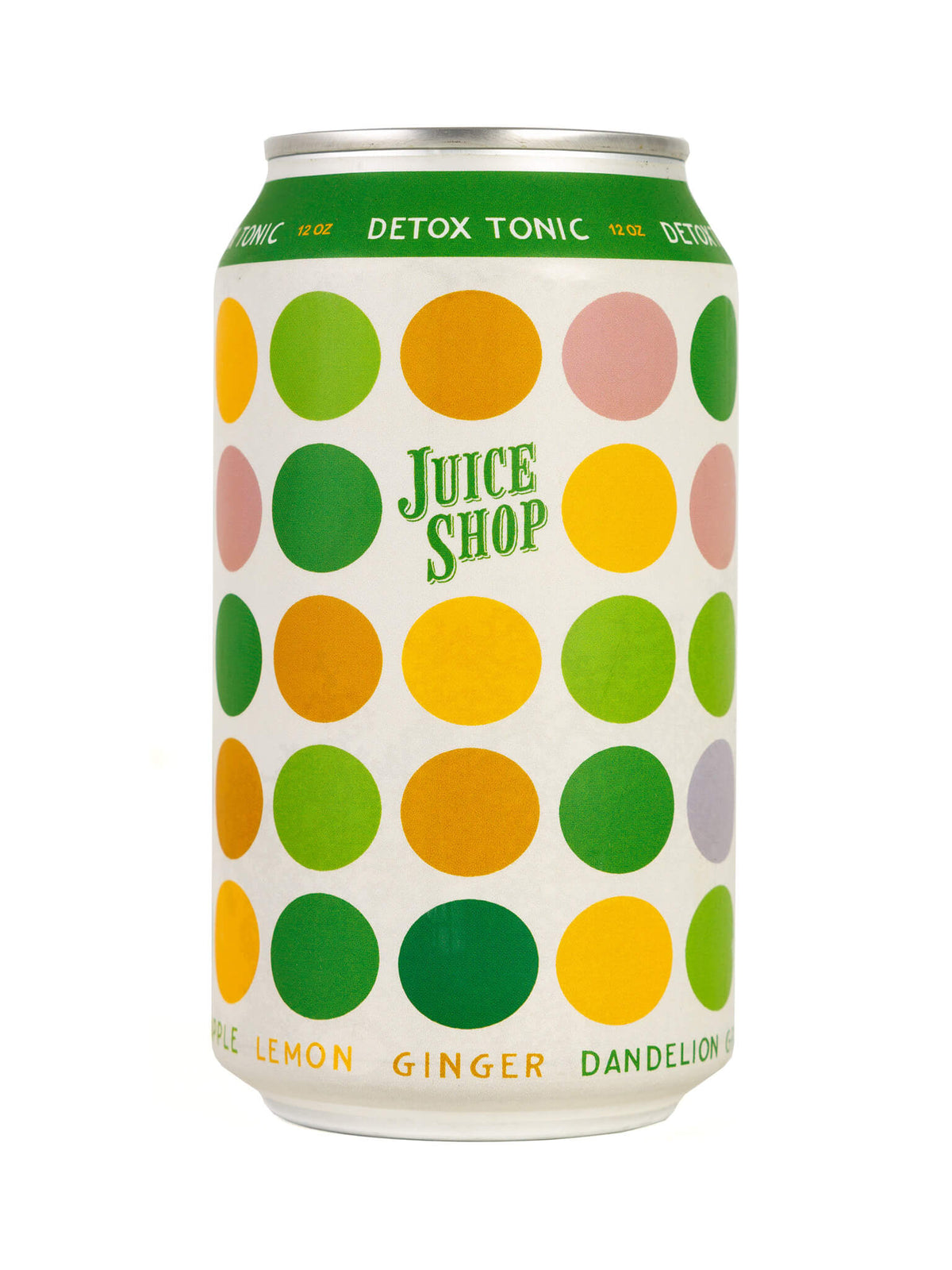 Juice Shop Detox Tonic can with colorful green, yellow, and pastel polka-dot pattern.
