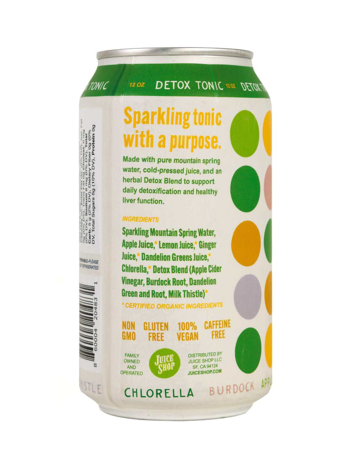 Back of Juice Shop Detox Tonic can, listing ingredients and health benefits.
