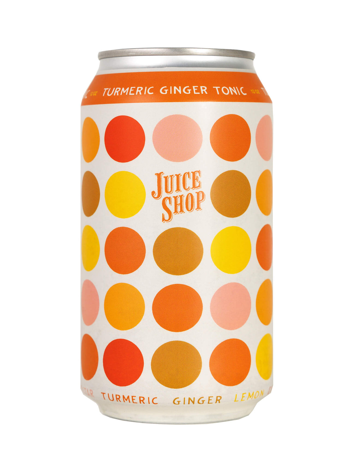 Juice Shop Turmeric Ginger Tonic can with warm-toned polka-dot design.