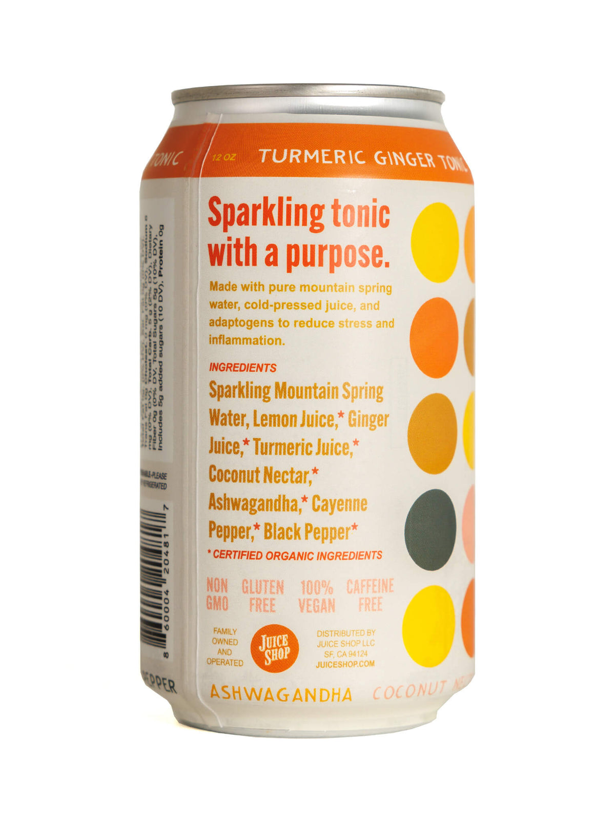 Juice Shop Turmeric Ginger Tonic can displaying ingredients and health benefits.