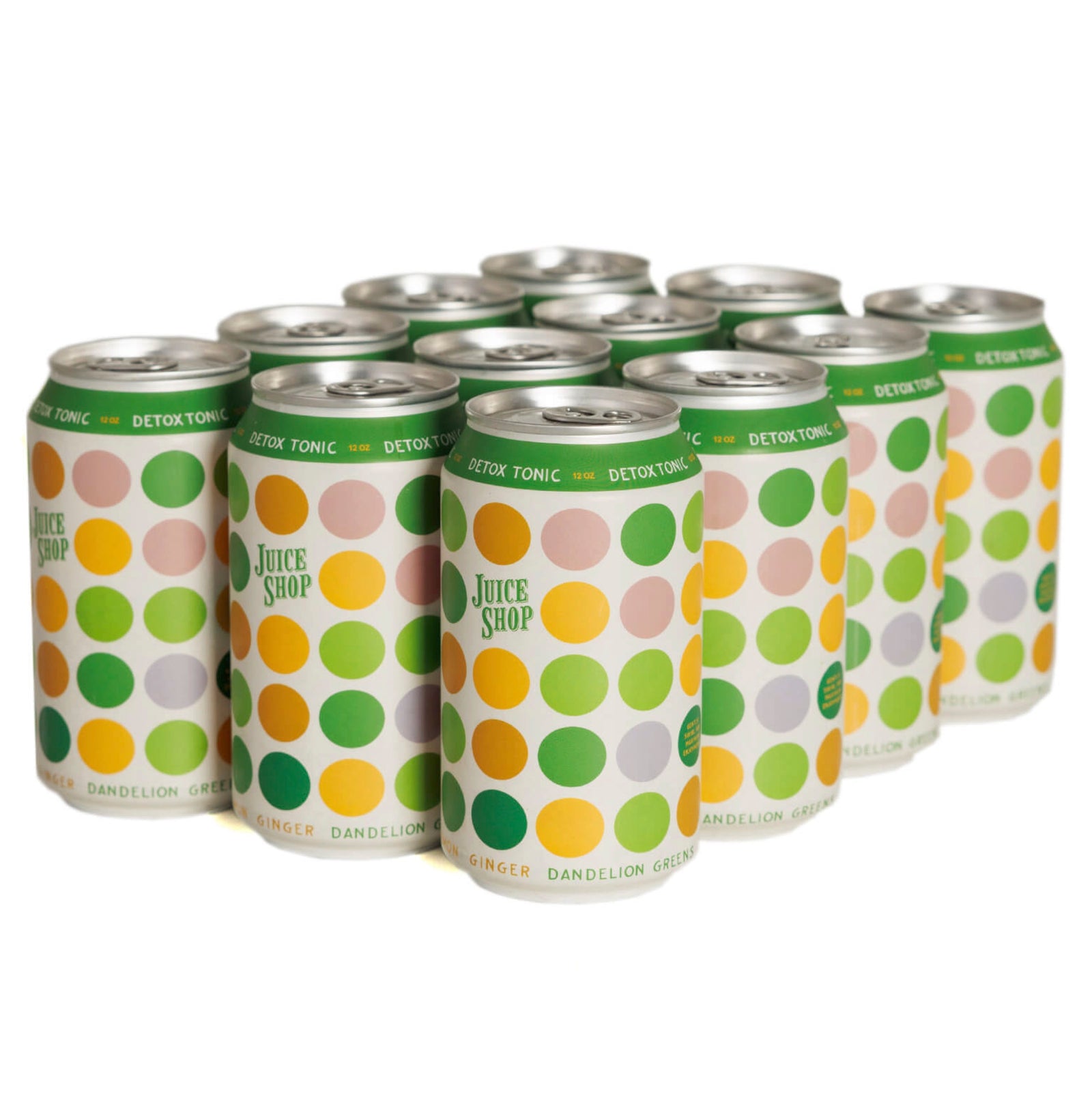Juice Shop Detox Tonic cans with green, yellow, and pastel polka-dot design.