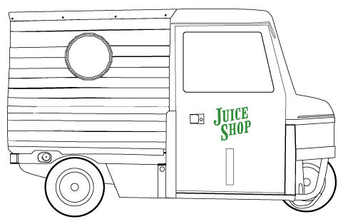 A black-and-white line drawing of a three-wheeled Juice Shop mobile cart, resembling a small retro-style truck. The vehicle has a wooden panel design on the back with a circular window and a closed cabin with a large front window. The 'Juice Shop' logo is displayed in green on the door. The illustration appears to be a template, possibly for branding or design customization.