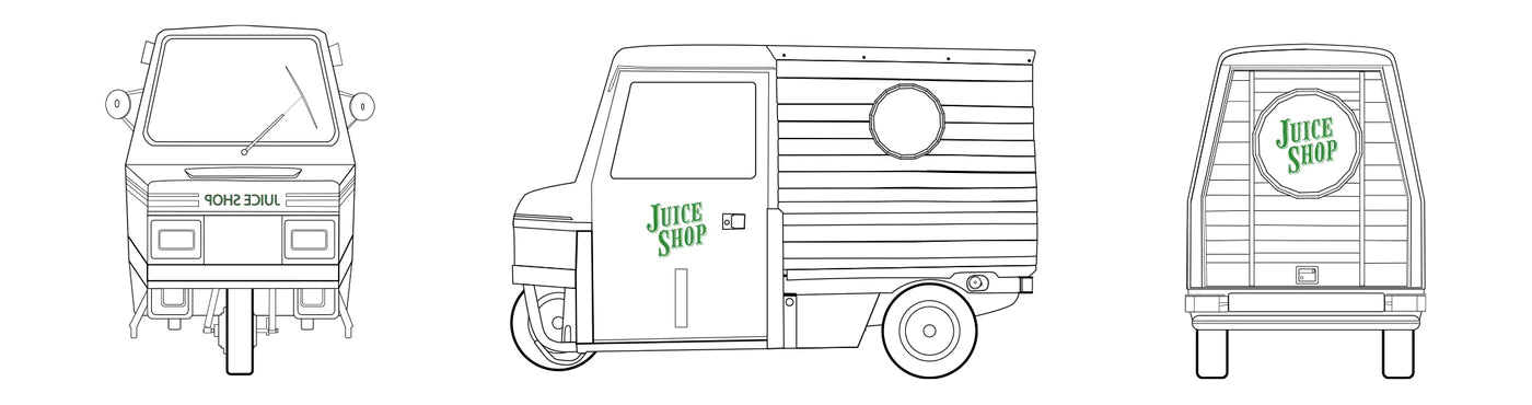 A black-and-white line drawing of a Juice Shop three-wheeled mobile cart, shown from three perspectives: front, side, and rear. The front features the Juice Shop logo above the windshield. The side view displays a wood-paneled design with a round serving window. The back view includes a circular window with the Juice Shop logo, reinforcing the brand's identity.