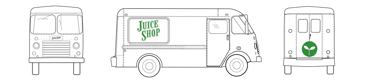 A black-and-white line drawing of a Juice Shop food truck, shown from three perspectives: front, side, and rear. The side view features the Juice Shop logo prominently displayed on a serving window. The back of the truck includes a green circular emblem with a sprouting leaf, symbolizing fresh, organic ingredients.