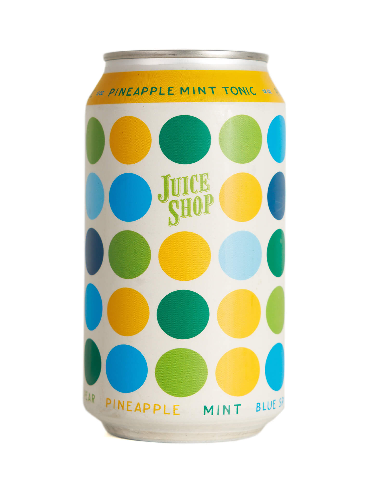 Juice Shop Pineapple Mint Tonic can with vibrant polka-dot design.