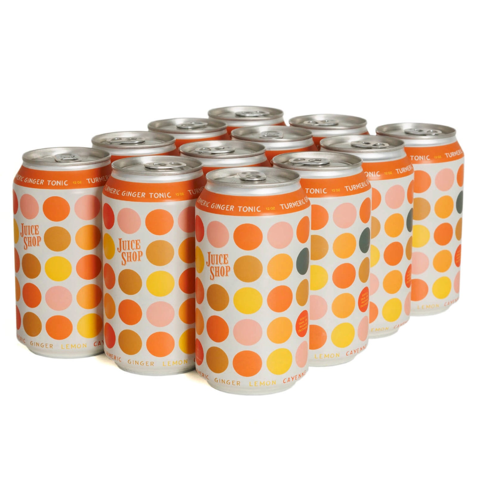 Juice Shop Turmeric Ginger Tonic cans with warm-toned polka-dot design, arranged neatly.