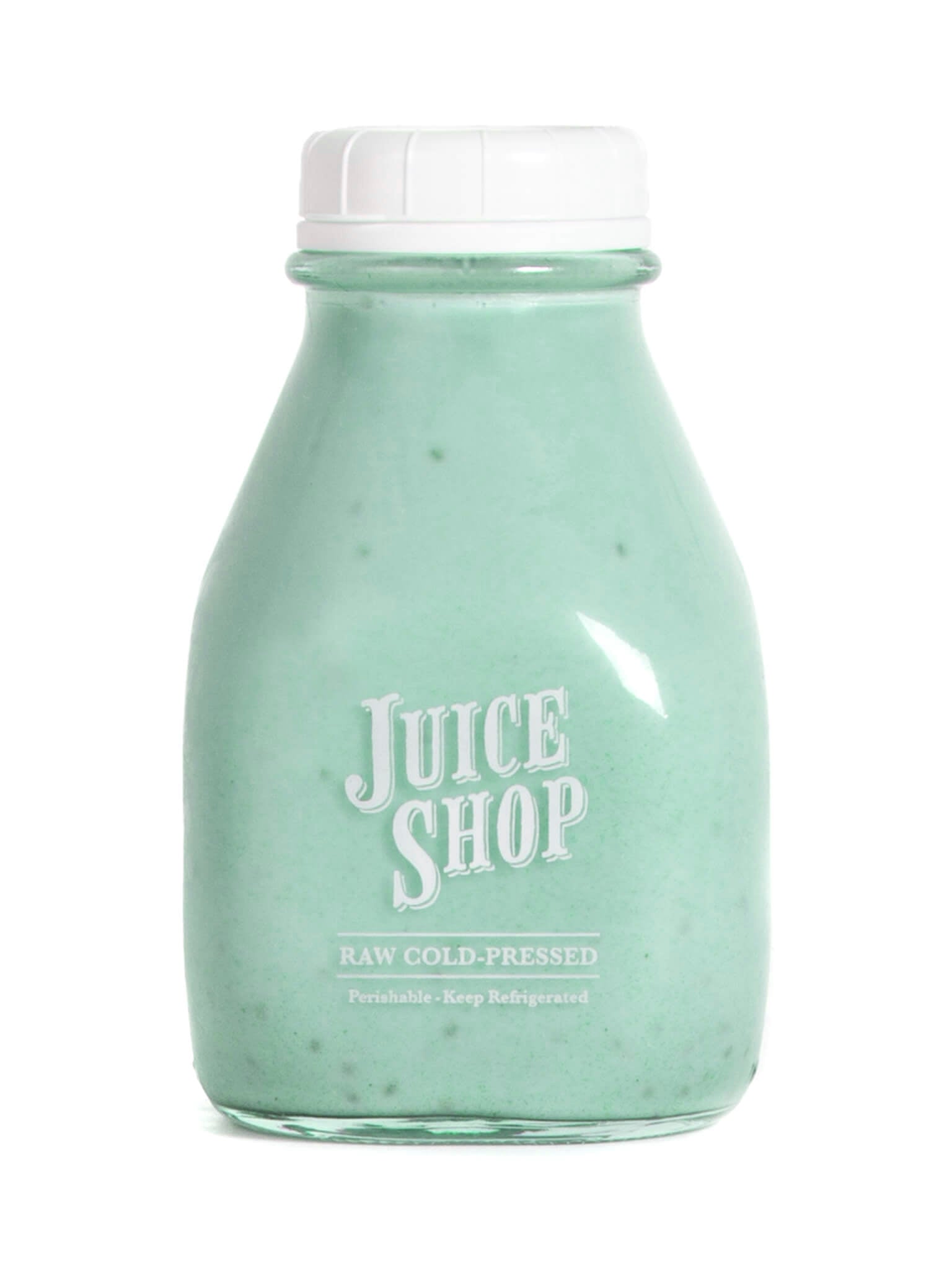 Juice Shop raw cold-pressed drink in a glass bottle, light blue-green color, white cap.