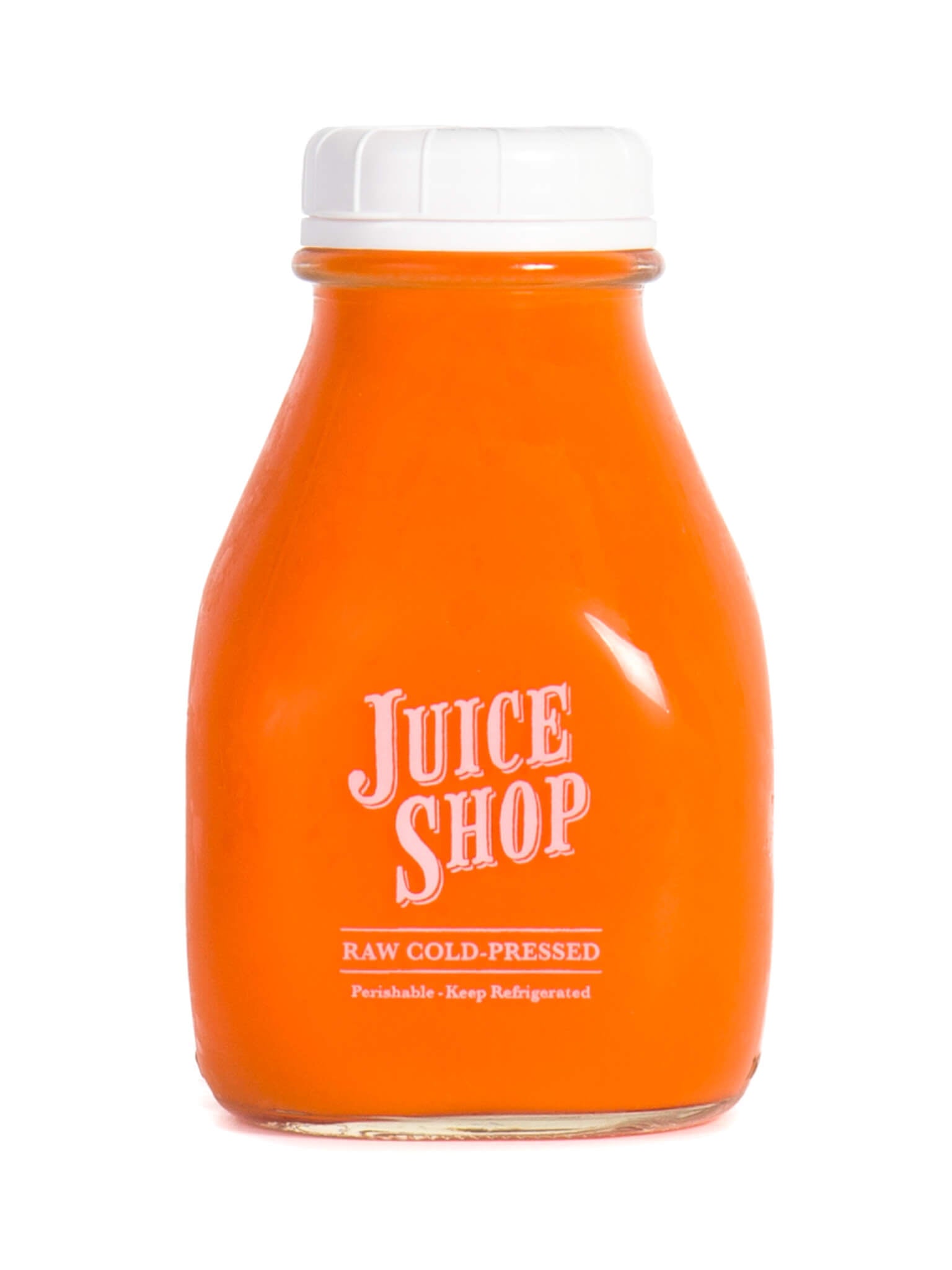 A bottle of Juice Shop’s raw cold-pressed orange juice, sealed with a white cap. The vibrant orange color indicates fresh ingredients, possibly carrot, turmeric, or citrus. The transparent glass bottle showcases the juice’s natural texture, with the label emphasizing its raw, unpasteurized nature and the need for refrigeration.