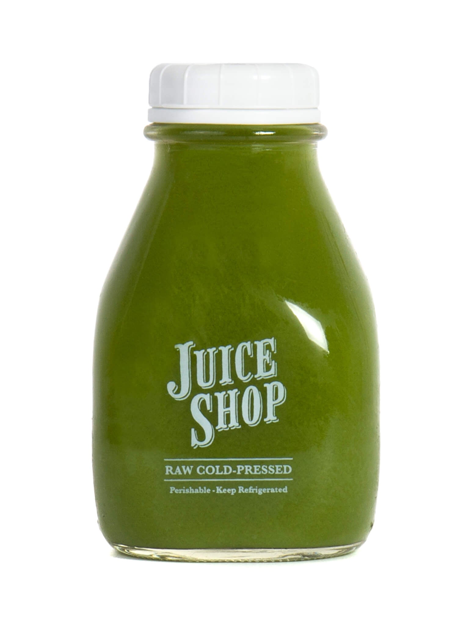 A bottle of Juice Shop’s raw cold-pressed green juice, sealed with a white cap. The deep green color suggests a nutrient-rich blend of leafy greens and vegetables. The glass bottle emphasizes freshness, with labeling indicating it is raw, unpasteurized, and requires refrigeration.