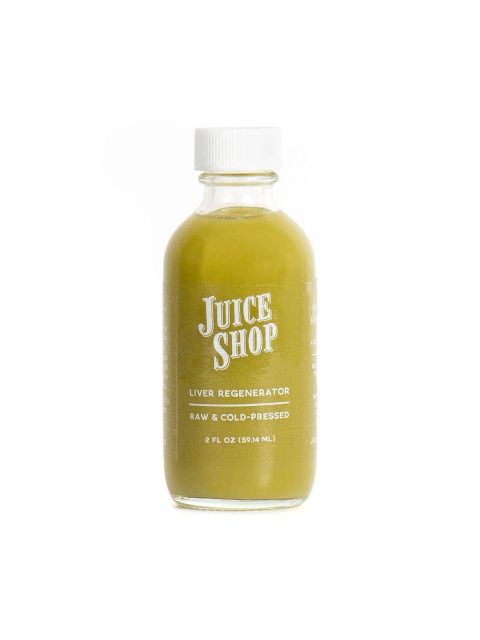 Juice Shop Liver Regenerator raw cold-pressed elixir in a 2 oz glass bottle with a white cap.