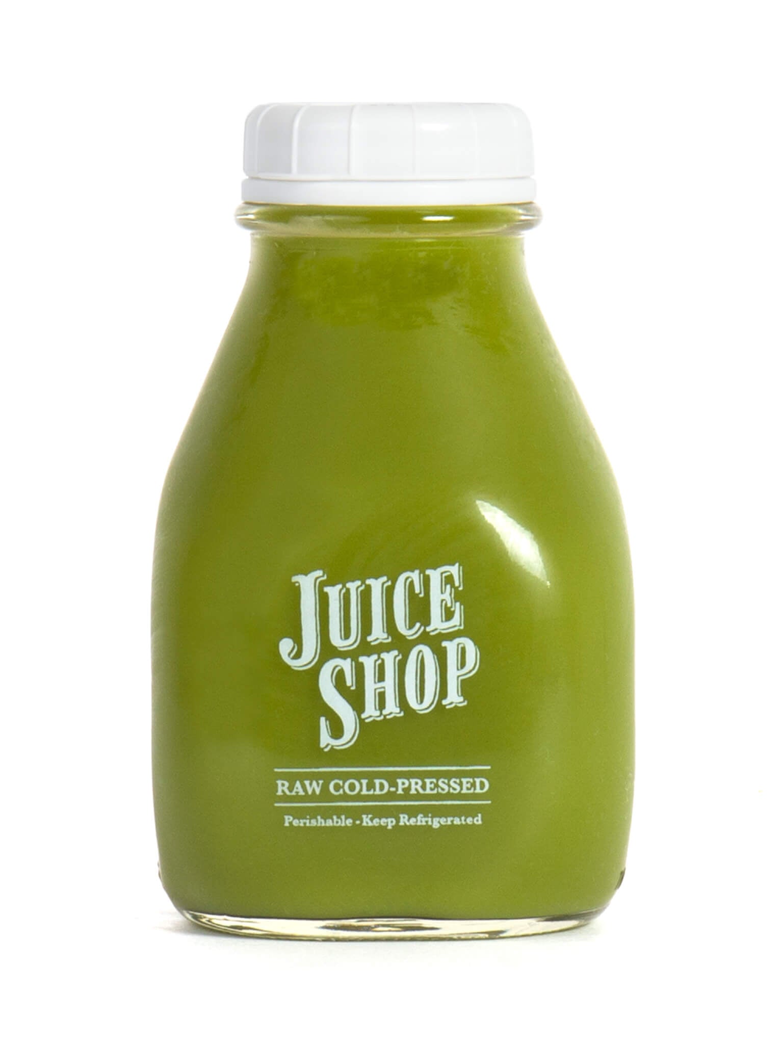 Juice Shop raw cold-pressed green juice in a glass bottle with a white cap. Packed with fresh, organic ingredients for a nutrient-rich, refreshing boost. Perishable—keep refrigerated.