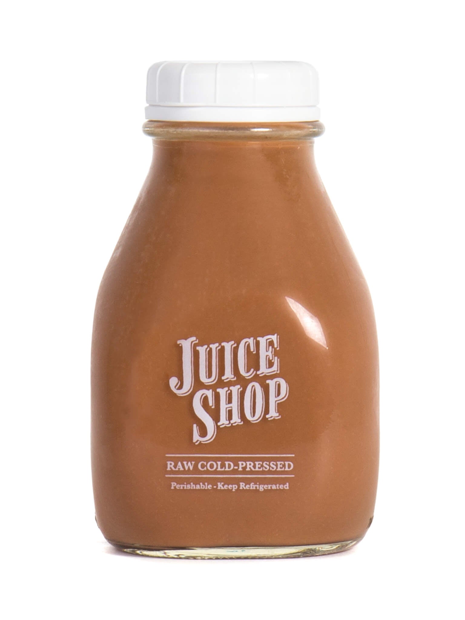 Juice Shop raw cold-pressed chocolate-colored juice in a glass bottle with white cap.